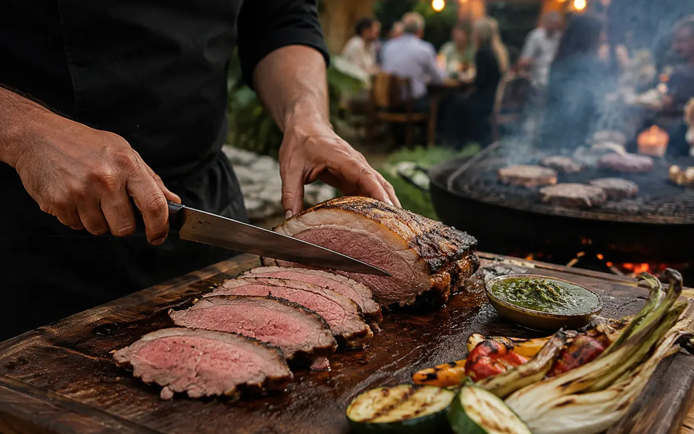 Picanha fatiada junto à grelha durante um BBQ premium